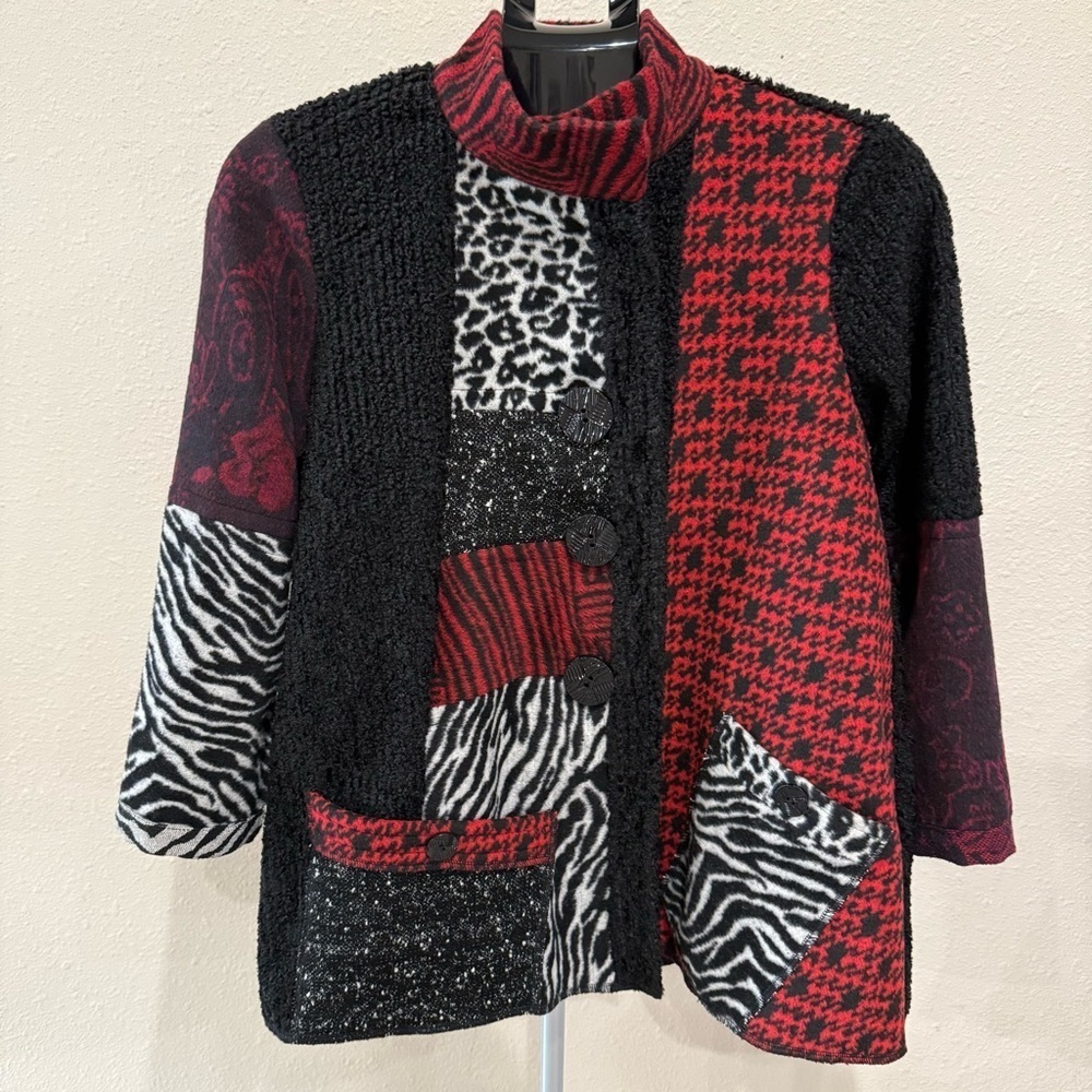 NWT Ali Miles Patchwork Jacket Black Red Artsy Cardigan Boho Size Small Petite - Picture 2 of 15